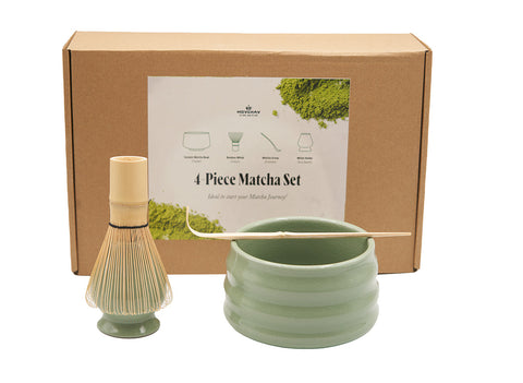 Light Green Matcha Tea Set – Includes Ribbed Matcha Bowl, Bamboo Whisk, Scoop, and Holder # 93991